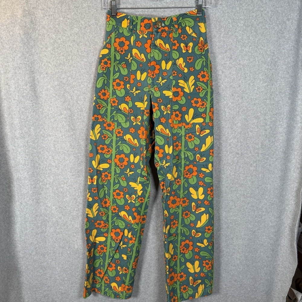 Big Bud Press Green Floral Boot Cut Pants with Orange & Yellow Accents